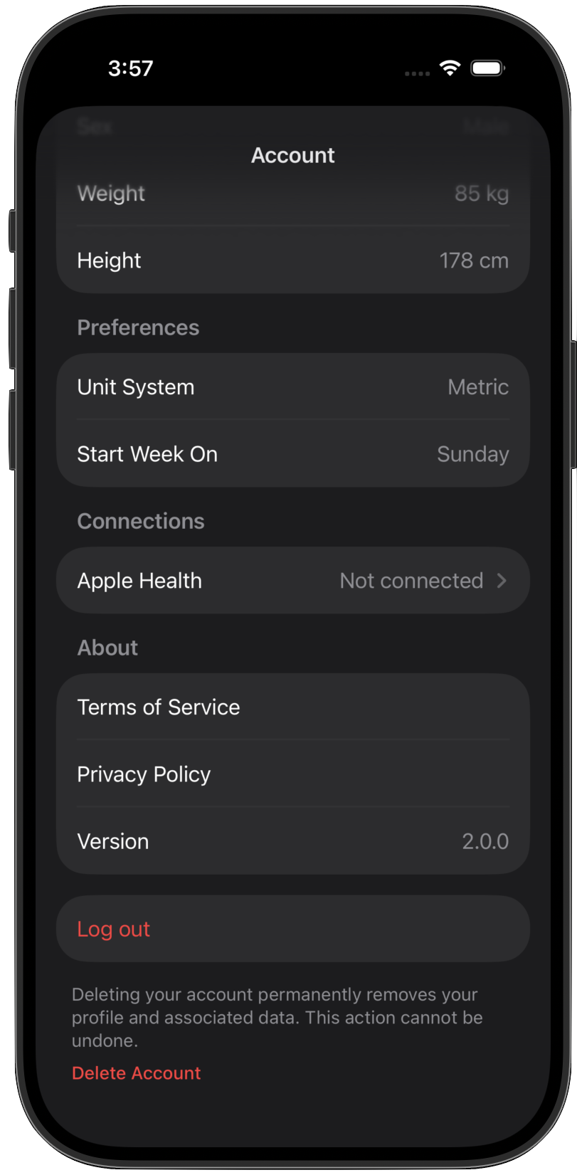 CoachPal settings with connection options